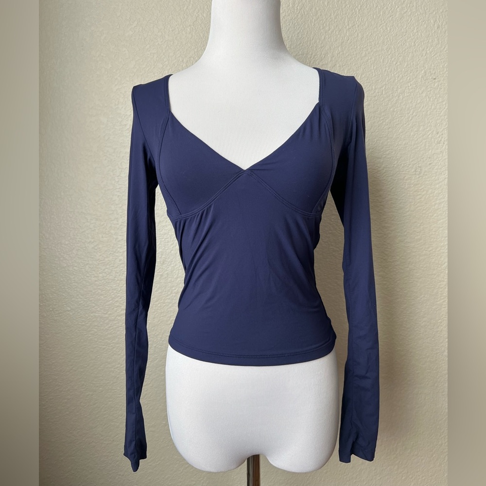 Qinsen Blue Long Sleeve V-neck Top, S